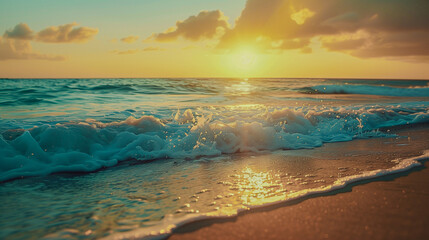 Background photo of a luxurious beach by the ocean at sunset. 