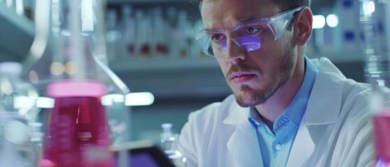 Laboratory Photograph: A handsome male scientist is analyzing liquid biochemicals in a flask in an advanced scientific biotechnology laboratory with the aid of a tablet computer.