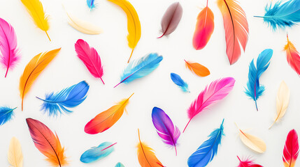 Colorful feathers scattered on a neutral white background. 