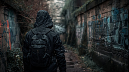 Hooded person walks away in an urban alley, adorned with graffiti, exuding a mysterious and edgy vibe.