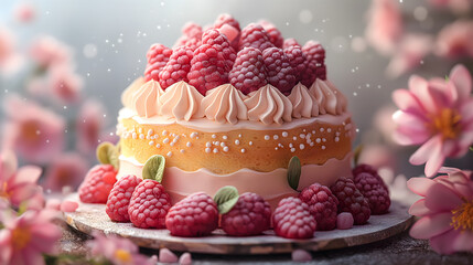 Delectable Layered Sponge Cake with Raspberries and Cream Frosting - obrazy, fototapety, plakaty