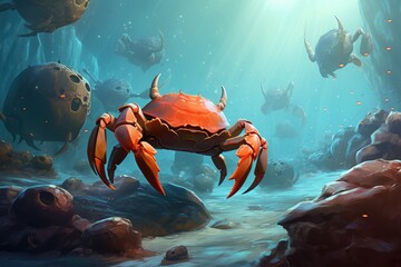 A crab ambushing smaller creatures on the ocean floor. - obrazy, fototapety, plakaty