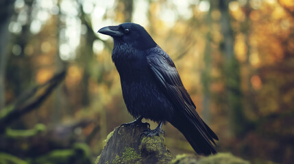 Naklejka premium Solitary raven sits perched on a stump in a forest, with a backdrop of autumn leaves and moody lighting.