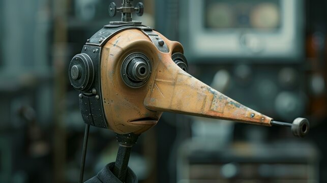 KI chatbot face with a long nose like pinoccio, Chatbot / artificial intelligence lies / gives out false information