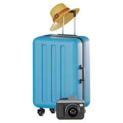 3D Suitcase, Camera, and Straw Hat for Travelers. 3D Render