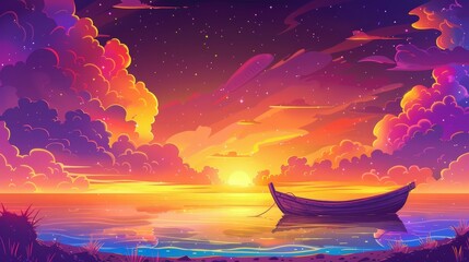Two-dimensional nature scene with sunset in ocean with boat backlighting. There are separate layers of wood moored to the beach with colorful orange skies with purple clouds.
