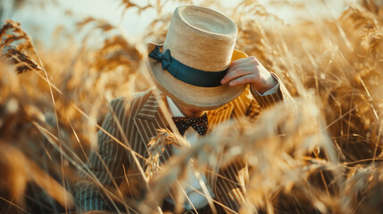 Mysterious person clad in a vintage outfit and straw hat, partially obscured by golden wheat in a...