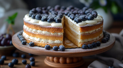 Delectable Layered Cake with Fresh Blueberries and Mint Garnish