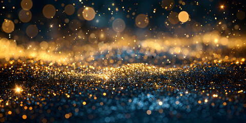 Abstract blue and golden glittering effect defocused design on dark background, shiny elegance fantasy bright color contrast with black concept,  Magic Dust Glistening Bokeh Reflection wallpaper 

