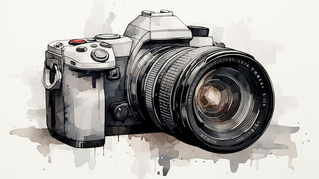 A watercolor painting of a camera with a long lens.