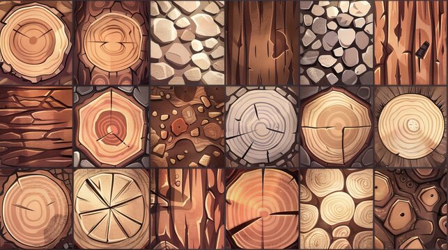 Seamless wood textures seamless patterns for game, tree bark, woodpile with round and cut logs cross sections. Modern illustration set of natural materials.