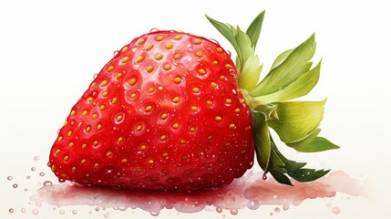 A watercolor painting of a strawberry with water droplets on a white background.