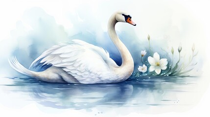 A watercolor painting of a swan on a lake with white flowers.