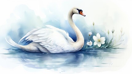 Obraz premium A watercolor painting of a swan on a lake with white flowers.