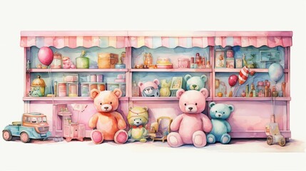 A watercolor painting of a toy store with a pink and white striped awning. The store is full of shelves of toys, and there are five teddy bears sitting in front of the store.