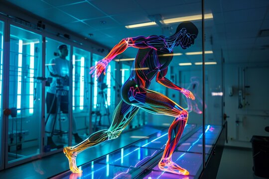 Biomechanical analysis with motion capture sensors, well-lit lab, athlete in motion