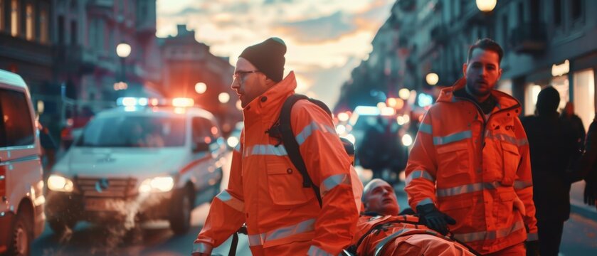 A team of paramedics provide immediate medical care to an injured patient and transport him to an ambulance on a stretcher. Emergency Care Assistants also arrive at the traffic accident scene. Blurry