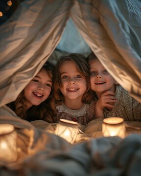 Children laughing under a bed sheet fort, soft lantern light, capturing the magic of sleepovers ,