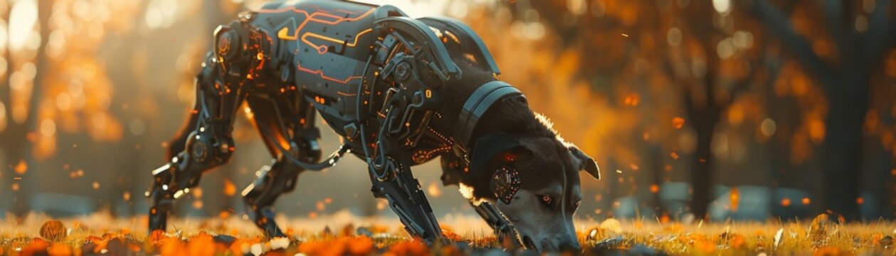 Cyborg dog playing in a park, dynamic angle, merging technology and nature