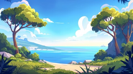 Scenery summer background with ocean view through deciduous wood and bushes, natural scene, Modern illustration with forest trees and blue sky.