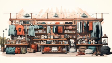 An illustration of a retail store that sells camping and hiking gear. The store is brightly lit and has a variety of products on display, including clothing, backpacks, sleeping bags,