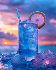 Neon blue mocktail, chilled glass frosting, electrifying vacation vibe