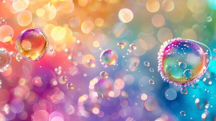 Rainbow soda fizzing in zero gravity, bright and whimsical, detailed shot of weightless bubbles 