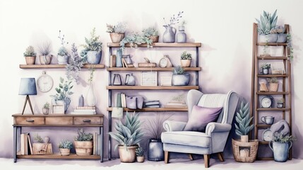 Watercolor painting of a living room with a couch, shelves, plants, and a lamp.