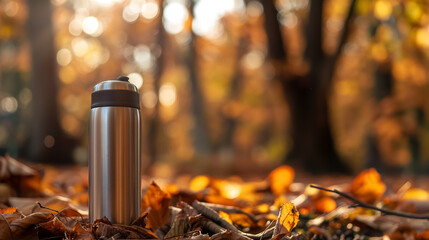 Stainless steel thermos bottle stands among fallen autumn leaves, suggesting a break or adventure outdoors. - obrazy, fototapety, plakaty
