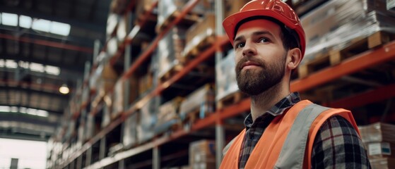A handsome worker wears a safety vest and hard hat as he smiles charmingly into the distance while looking at a big warehouse with shelves full of delivery goods. Medium portrait.