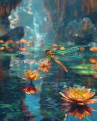 VR dragonfly racing over a digital pond, vibrant environment, adrenaline pumping tech 