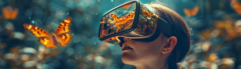 VR simulation of a butterfly's flight, immersive tech, bright colors - obrazy, fototapety, plakaty