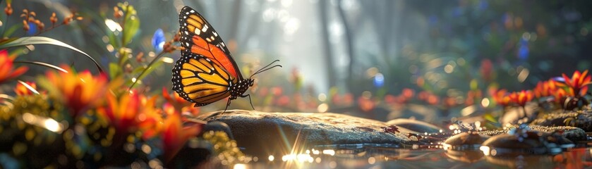 VR simulation of a butterfly's flight, immersive tech, bright colors, first-person view 