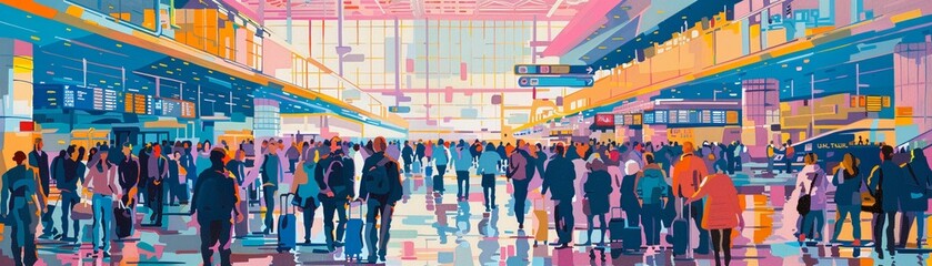 A vibrant gouache artwork of a bustling airport terminal with travelers from all walks of life beginning their next adventure - obrazy, fototapety, plakaty