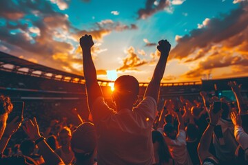 summer sunset. Sport fans are celebrate a win on the football stadion. Euro 2024 in Germany