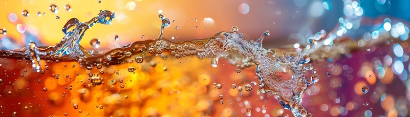 Detailed shot of a fizzy drink being poured focusing on the bubbles and splash against a vibrant backdrop - obrazy, fototapety, plakaty
