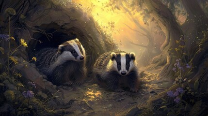 A pair of badgers coming out of their burrow at dusk - obrazy, fototapety, plakaty