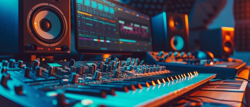 Picture of a modern music studio control desk with computer screen showing the user interface of a DAW program, along with an equalizer, mixer, and other professional equipment.