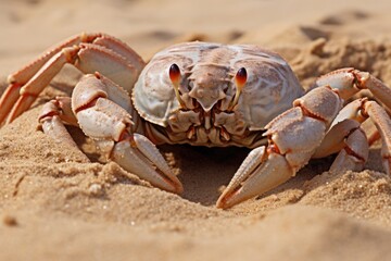 A crab camouflaged in the sand waiting for prey. - obrazy, fototapety, plakaty