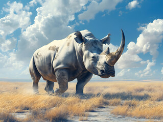 Fototapeta premium Majestic Rhino in Golden Savannah Light at Sunset