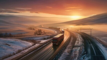 Truck convoy on a long and winding road at dawn
