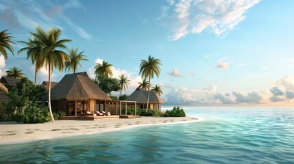 Fototapeta premium Escape to a serene tropical paradise, perfect for a vacation or holiday. Experience the warmth of sun-kissed islands, white sandy beaches, and crystal-clear waters.