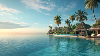Fototapeta premium Escape to a serene tropical paradise, perfect for a vacation or holiday. Experience the warmth of sun-kissed islands, white sandy beaches, and crystal-clear waters.