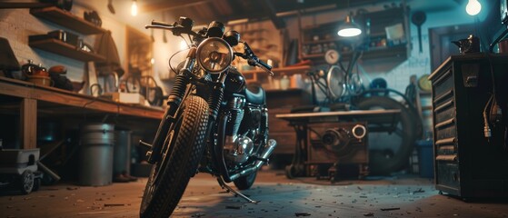 Authentic Bobber Motorcycle Standing in an Authentic Creative Workshop. Vintage Style Motorcycle Under Warm Lamp Light. - obrazy, fototapety, plakaty