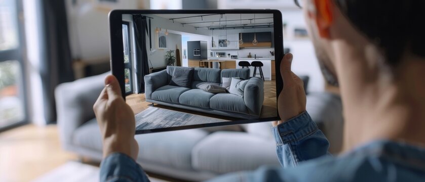 An over-the-shoulder screen shot with 3D rendering shows a man holding a digital tablet with AR interior design software choosing 3D furniture for his apartment.
