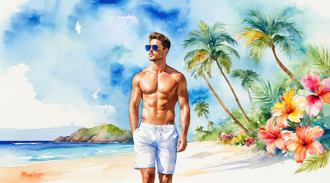 Athlete handsome men wear sunglasses walking on the beach, watercolor painting style, generative AI.