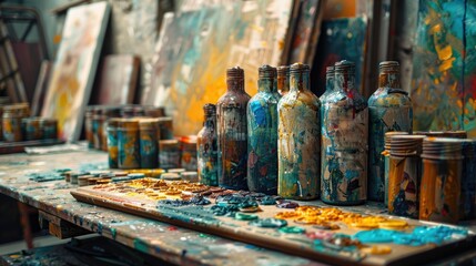 Grungy oil paint bottles stacked on a table