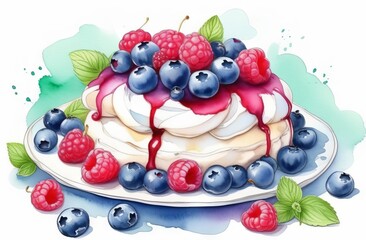 Pavlova cake with raspberries and blueberries in watercolor style - 790737356