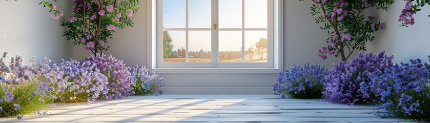 A window with a view of a field of purple flowers