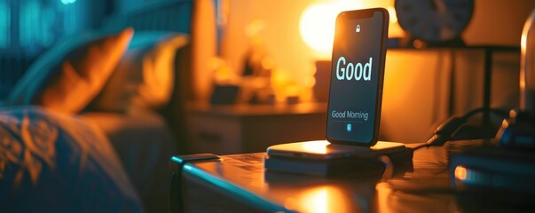 A modern smartphone with a 'Good Morning' message resting on a bed beside an analog alarm clock, illustrating daily life and technology - obrazy, fototapety, plakaty